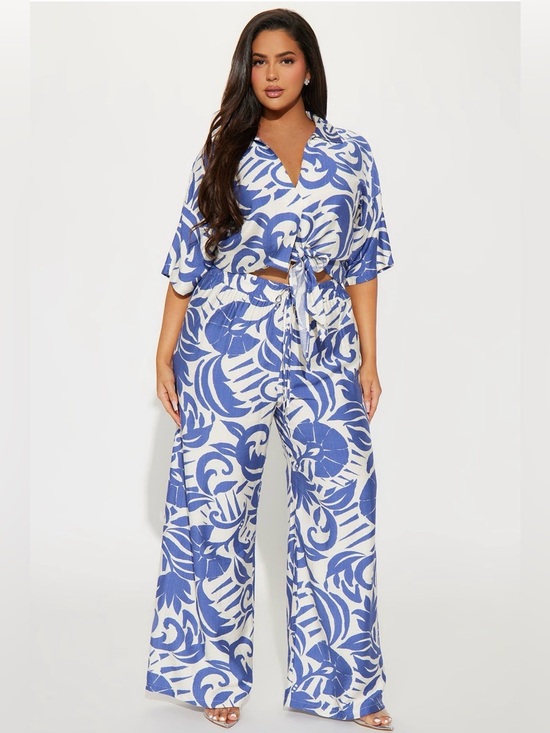 Fashion Nova Pants - Fashion Nova Mykonos Linen Pant Set Blue & White Tropical Print Wide-Leg - 1X